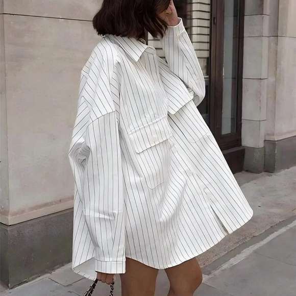 White Casual Women's Striped Large Pockets Long Sleeve Shirt - Picture 5 of 7